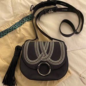 NWOT Tory Burch Tassel Mini Saddle Bag Navy/White